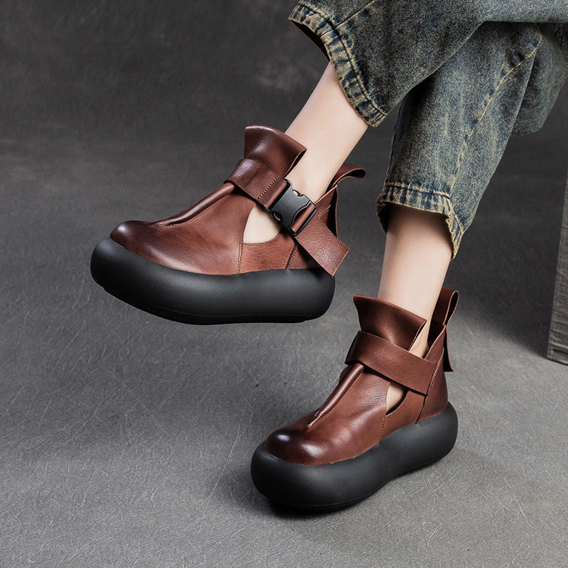 Women Retro Leather Platform Casual Shoes-RAIIFY