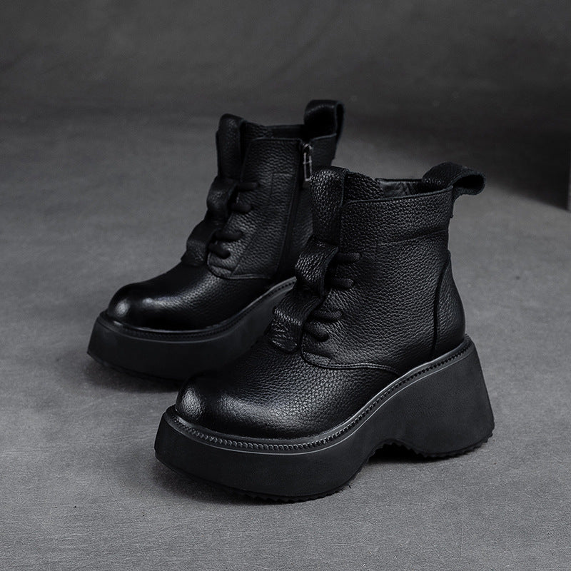 Women Retro Minimalist Leather Chunky Platform Boots-RAIIFY