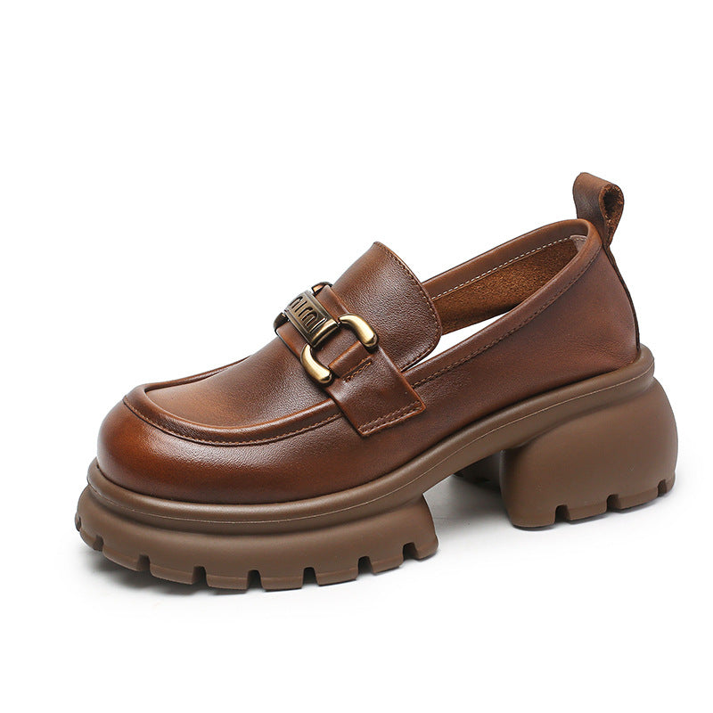 Women Casual Leather Chunky Platform Loafers-RAIIFY