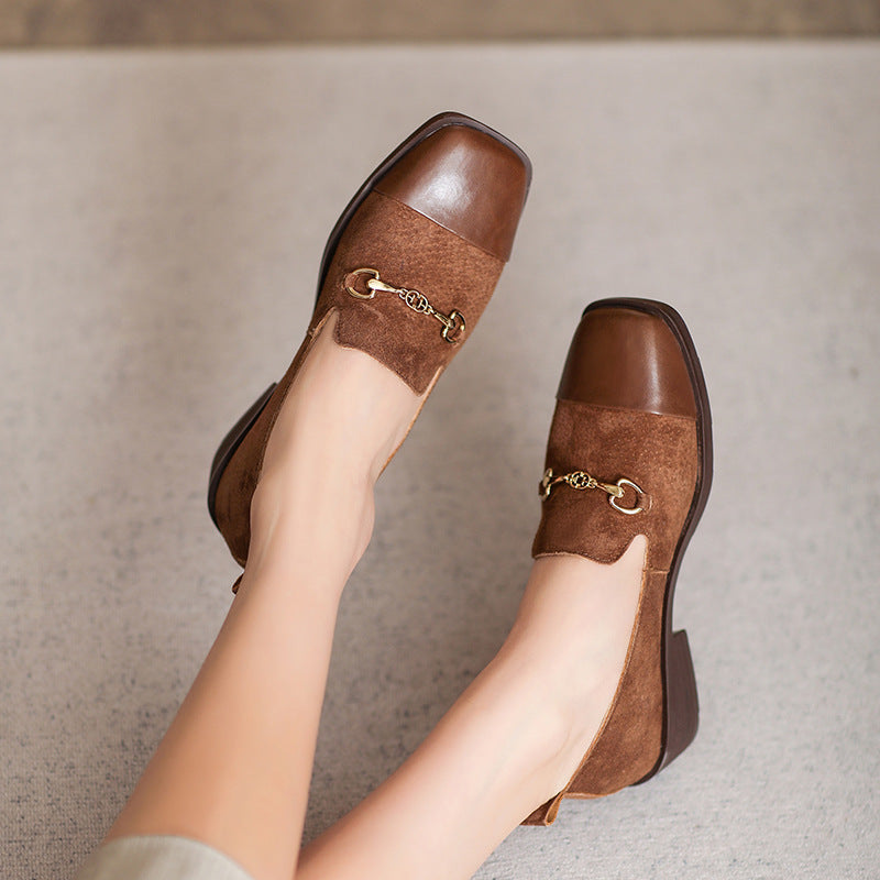 Women Retro Leather Square Head Casual Loafers-RAIIFY