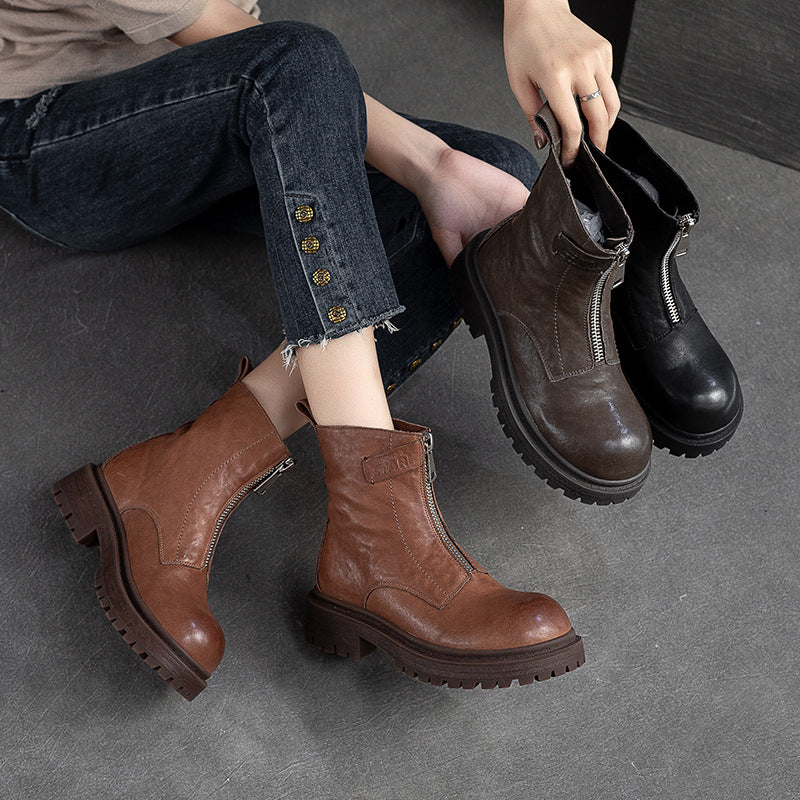 Women Retro Casual Font Zipper Leather Boots-RAIIFY