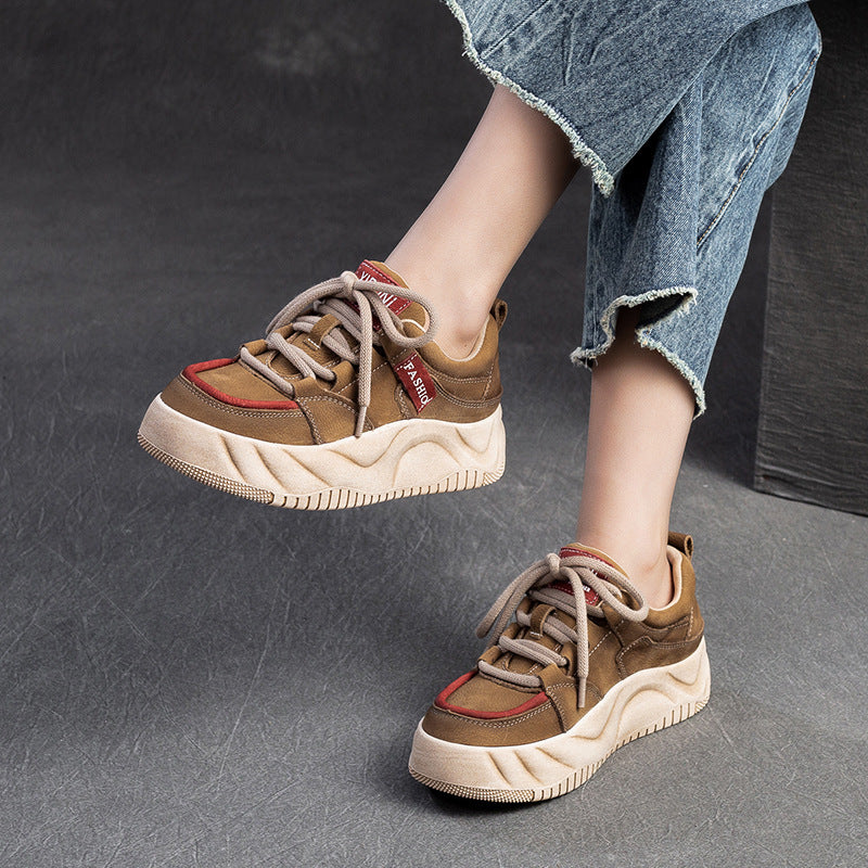 Women Retro Patchwork Leather Thick Soled Casual Shoes-RAIIFY