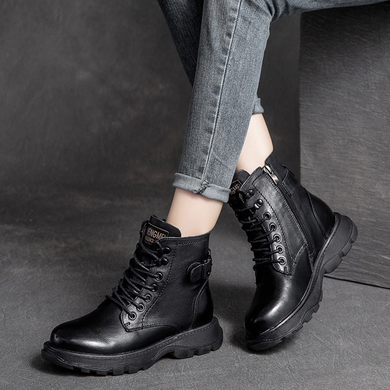 Women Retro Leather Flat Thick Soled Casual Boots-RAIIFY