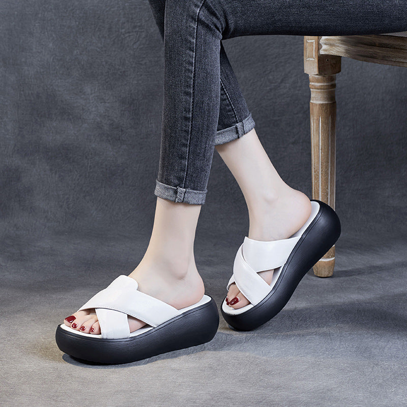 Women Leather Summer Casual Platform Slide Sandals-RAIIFY