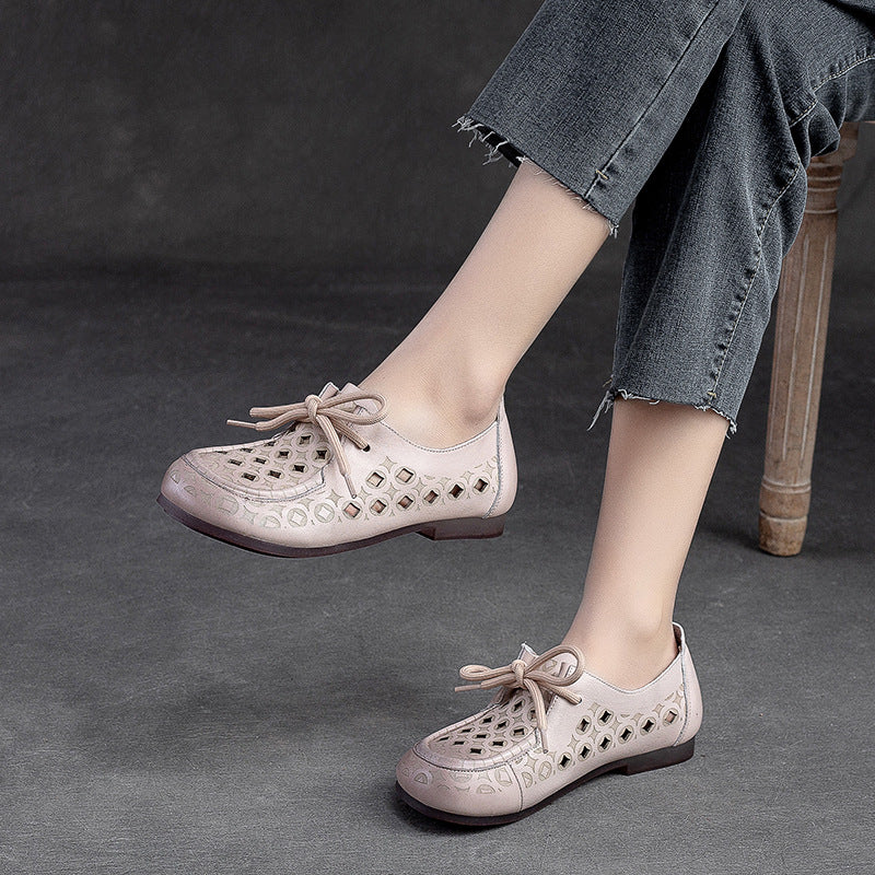 Women Summer Hollow Soft Leather Flat Casual Shoes-RAIIFY