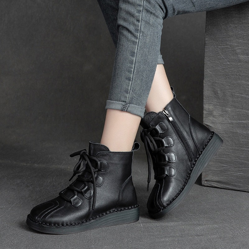 Women Retro Leather Flat Casual Boots-RAIIFY