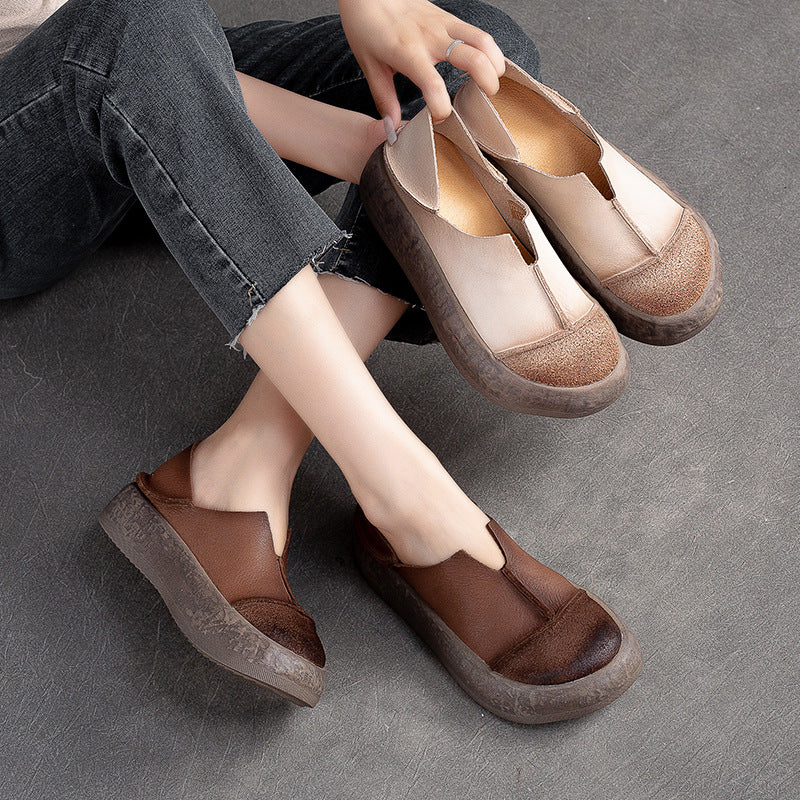 Women Retro Soft Leather Flat Thick Soled Casual Shoes-RAIIFY