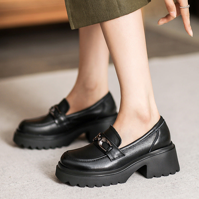 Women Retro Leather Chunky Sole Casual Loafers-RAIIFY