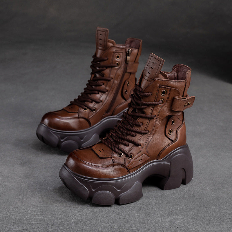 Women Winter Retro Leather Chunky Platform Boots-RAIIFY