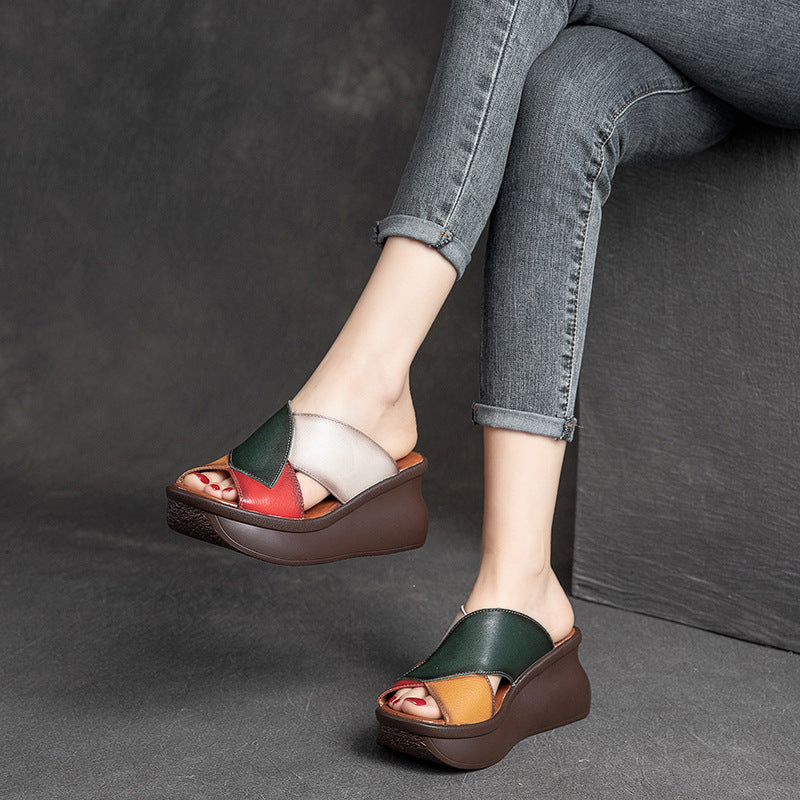 Women Summer Retro Leather Wedge Slide Sandals-RAIIFY