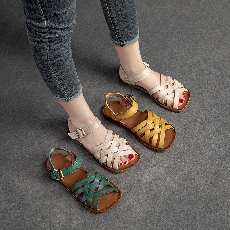 Women Summer Casual Flat Plaited Leather Sandals-RAIIFY