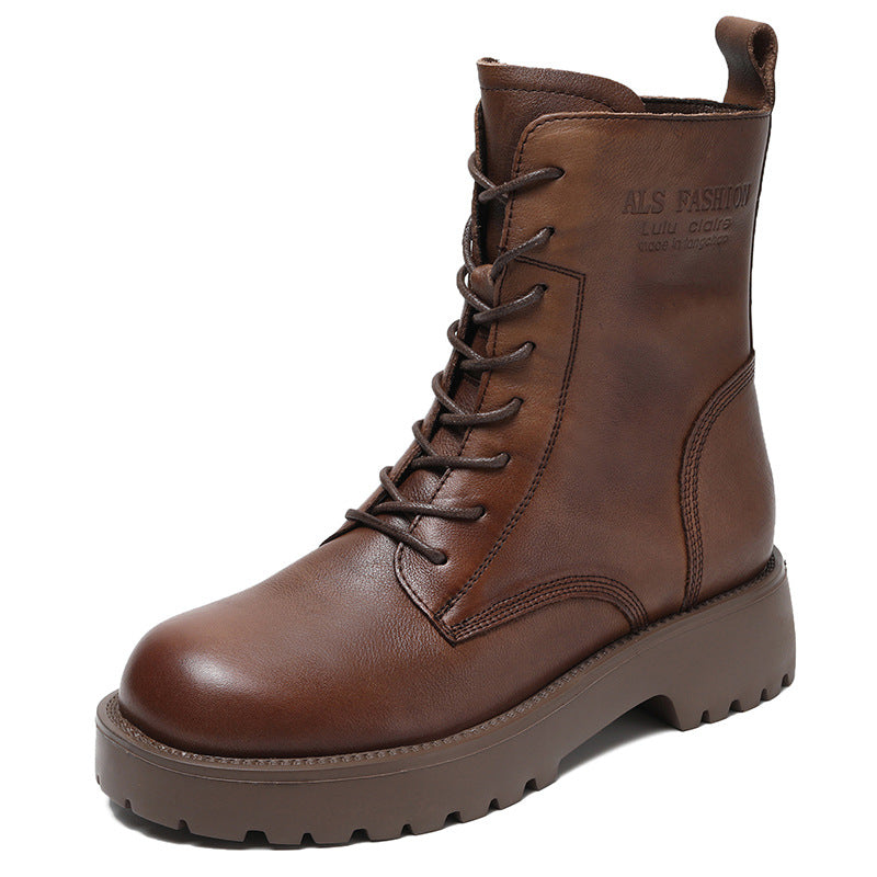 Women Retro Fashion Leather Combat Boots-RAIIFY