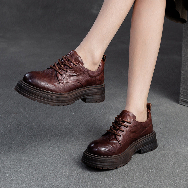 Women Retro Pleated Leather Thick Soled Casual Shoes-RAIIFY