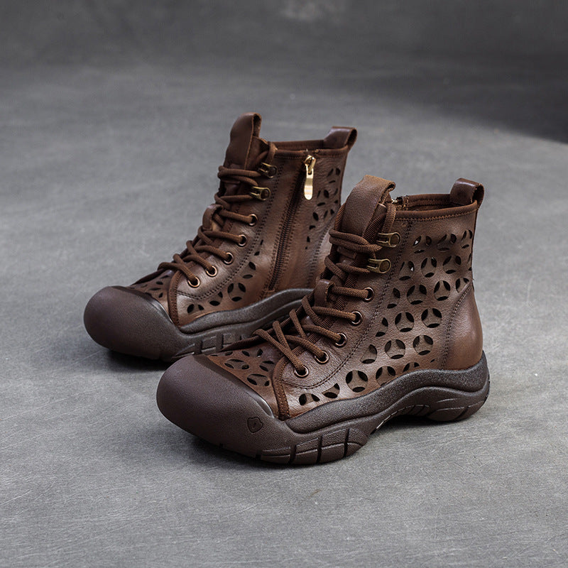 Women Retro Breathable Hollow Leather Casual Boots-RAIIFY