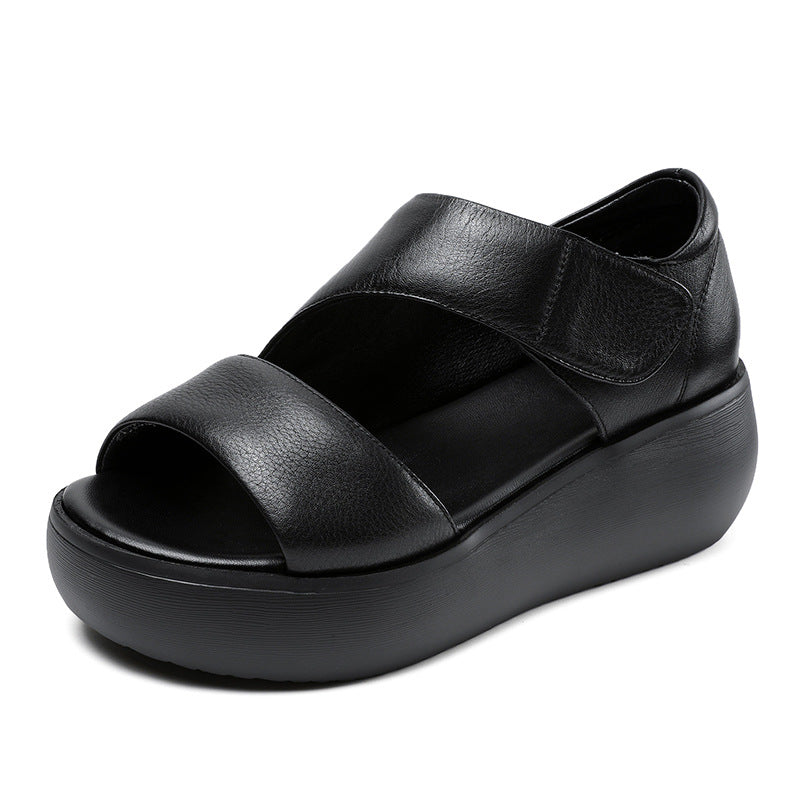 Women Minimalist Solid Leather Velcro Casual Sandals-RAIIFY