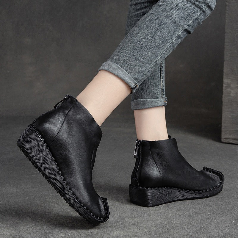 Women Retro Low Wedge Leather Ankle Boots-RAIIFY