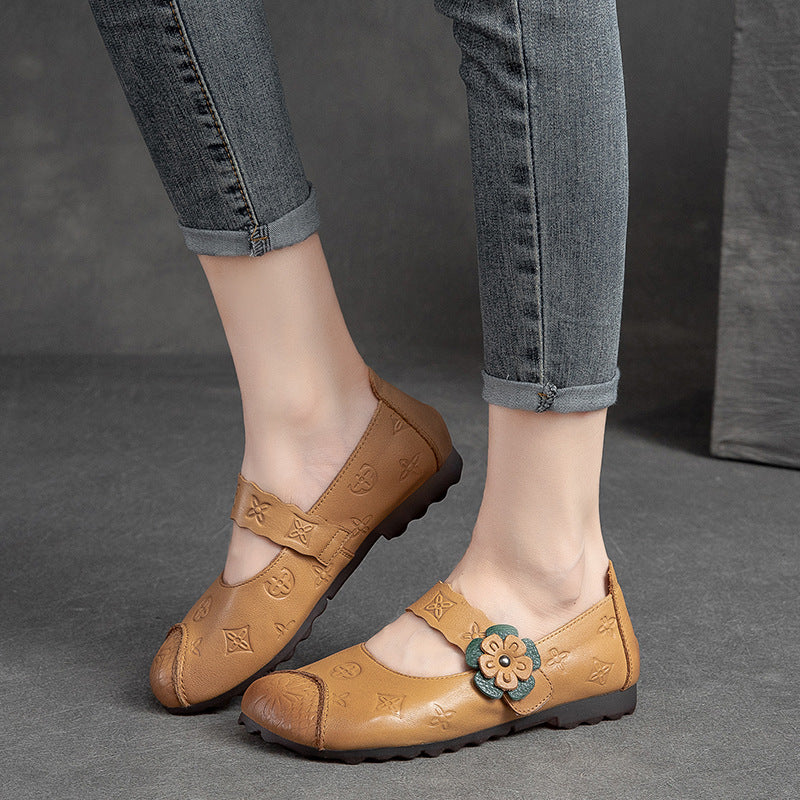 Women Summer Retro Flower Leather Flats Shoes-RAIIFY