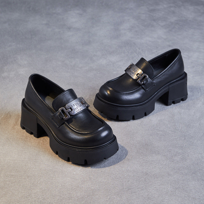 Women Retro Casual Leather Chunky Platform Loafers-RAIIFY