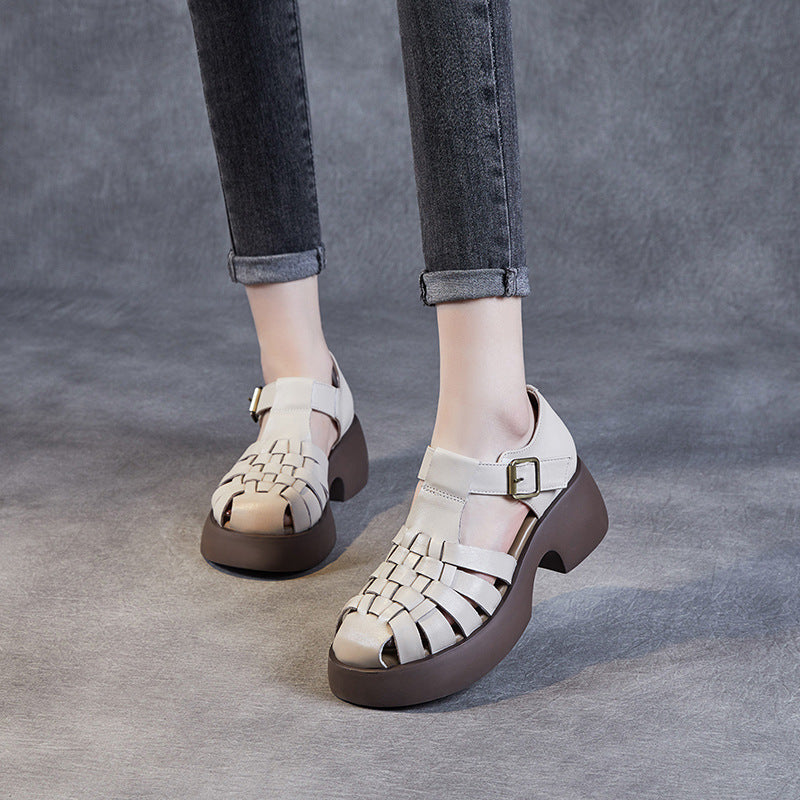 Women Summer Comfort Plaited Leather Chunky Sandals-RAIIFY