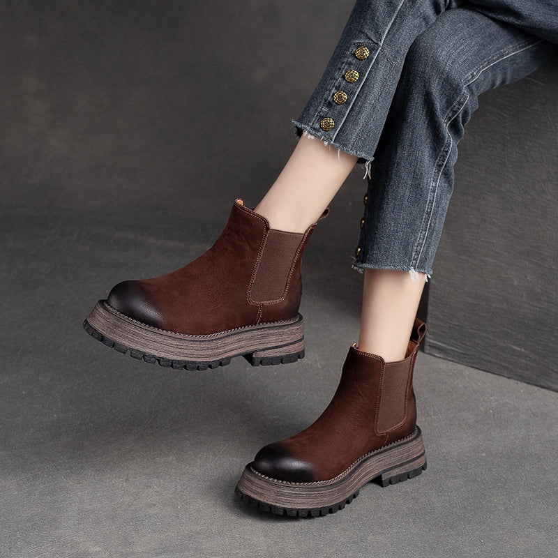 Women Retro Nubuck Leather Thick Soled Ankle Boots-RAIIFY