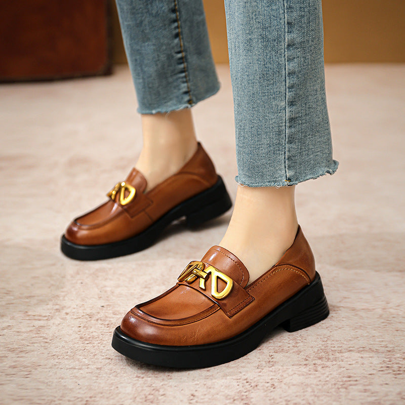 Women Retro Cowhide Thick Soled Loafers-RAIIFY
