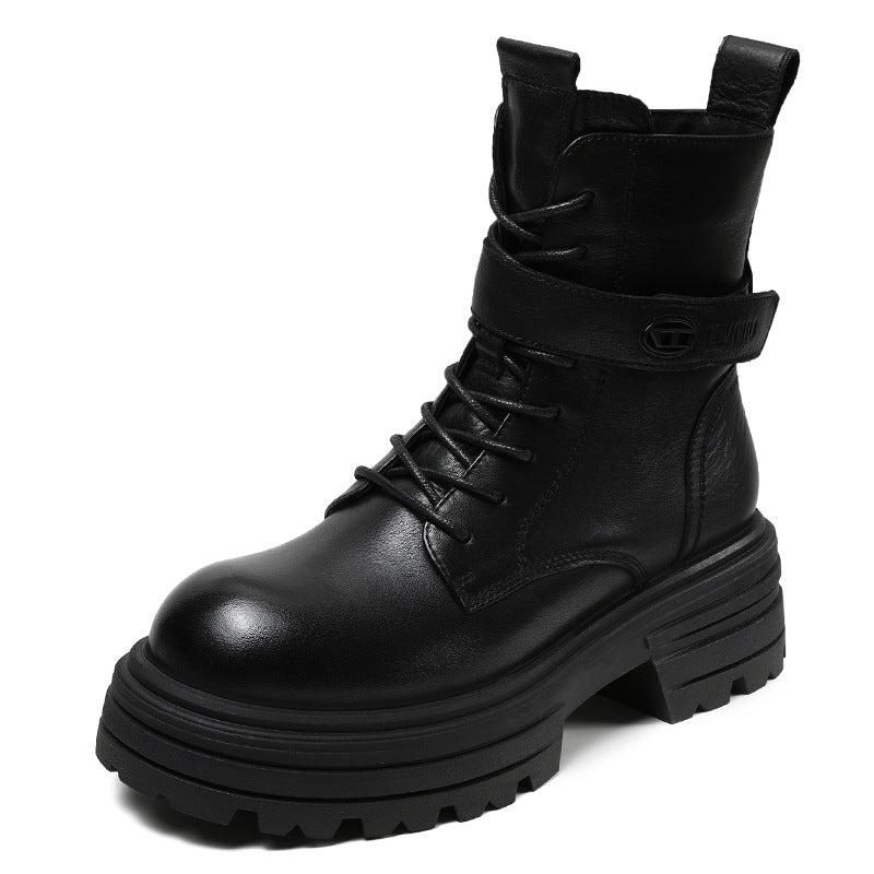 Women Retro Leather Thick Soled Combat Boots-RAIIFY