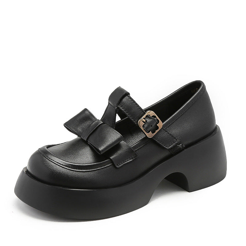 Women Retro Leather Solid Chunky Casual Shoes-RAIIFY