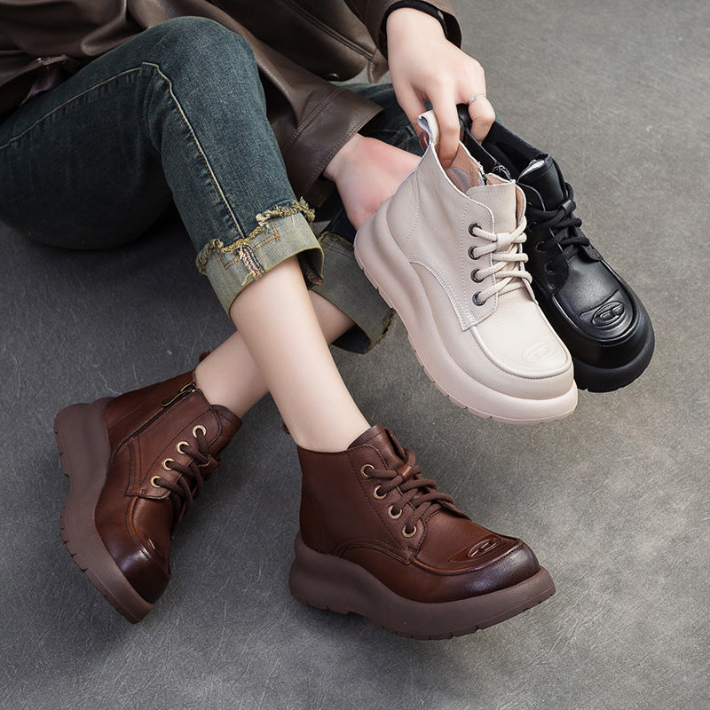 Women Retro Minimalist Leather Thick Soled Casual Boots-RAIIFY