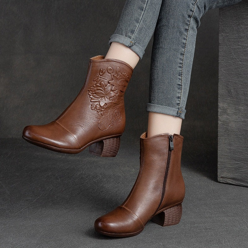 Women Retro Figured Leather Chunky Heel Mid-Calf Boots-RAIIFY