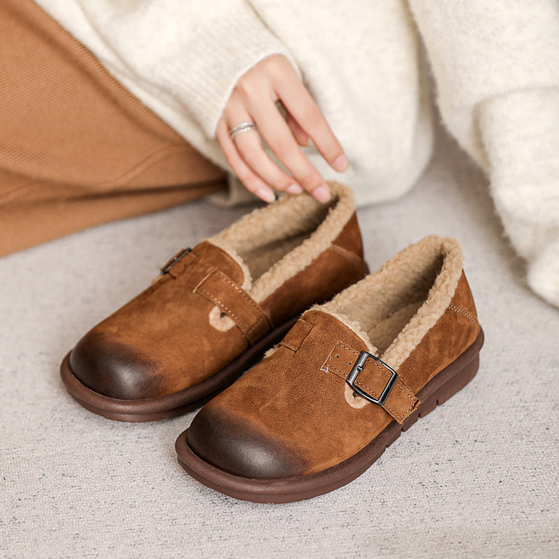 Women Retro Leather Furred Soft Flat Casual Shoes-RAIIFY