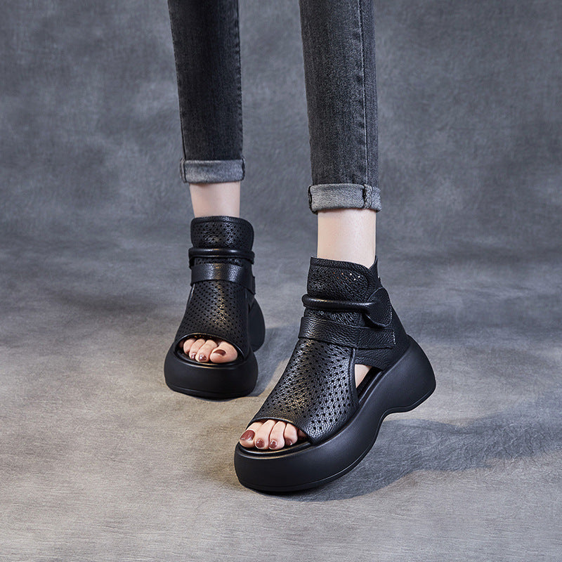 Women Hollow Soft Leather Peep Toe Chunky Platform Boots-RAIIFY