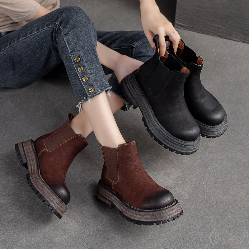 Women Retro Nubuck Leather Thick Soled Ankle Boots-RAIIFY