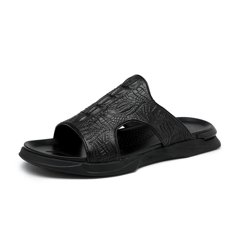 Men Crocodile Casual Black Slides Sandals-RAIIFY