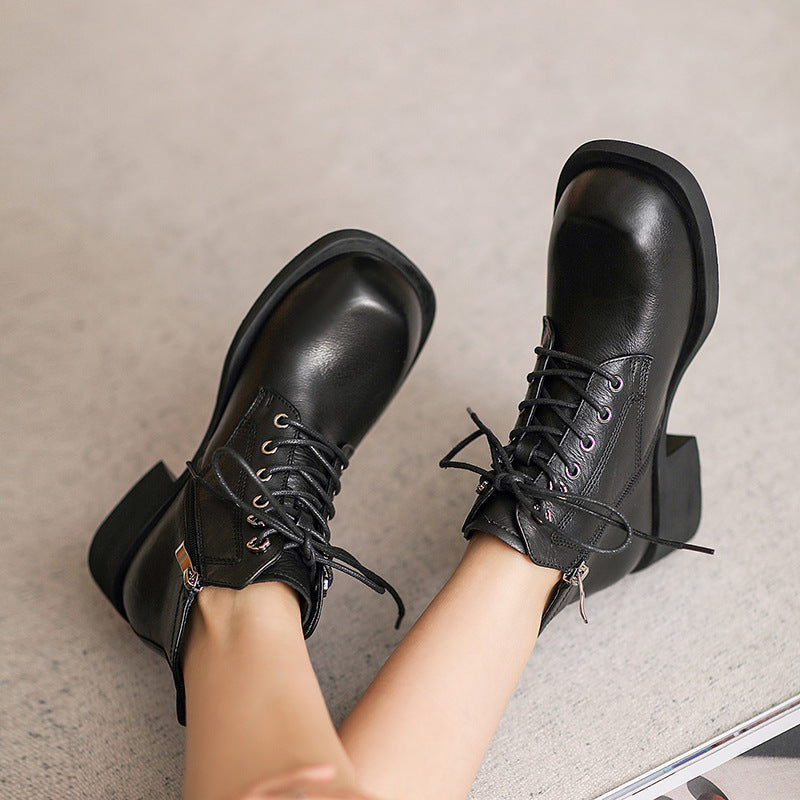 Women Minimalist Leather Chunky Heel Ankle Boots-RAIIFY