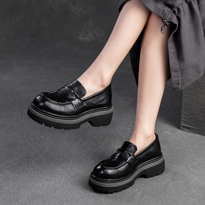Women Retro Leather Thick Soled Casual Loafers-RAIIFY