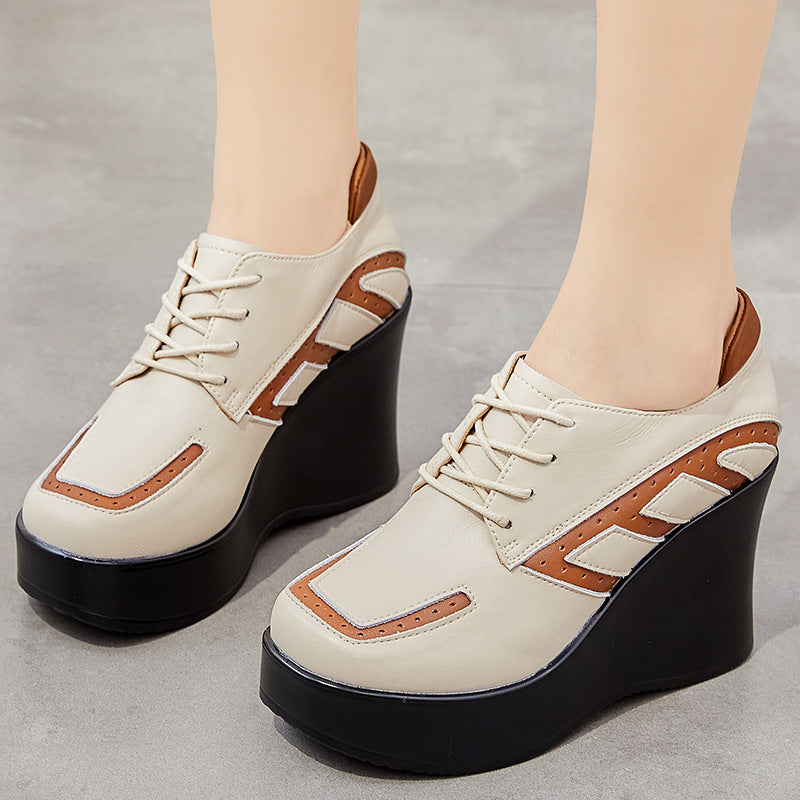 Women Cowhide Color Matching Thick Wedge Casual Shoes-RAIIFY