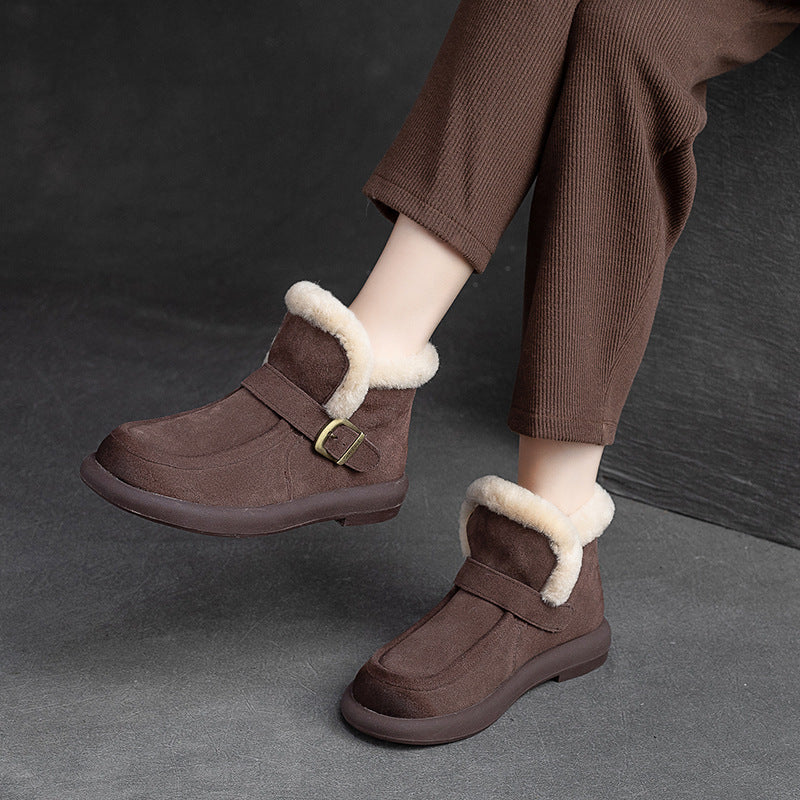 Women Retro Minimalist Leather Furred Winter Snow Boots-RAIIFY