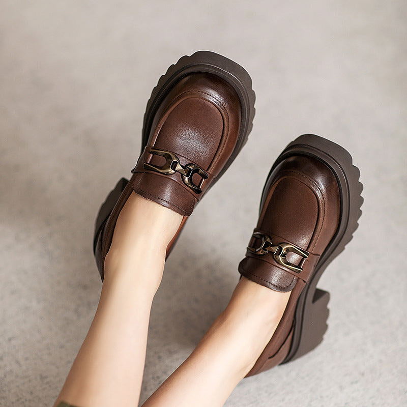 Women Retro Leather Chunky Sole Casual Loafers-RAIIFY