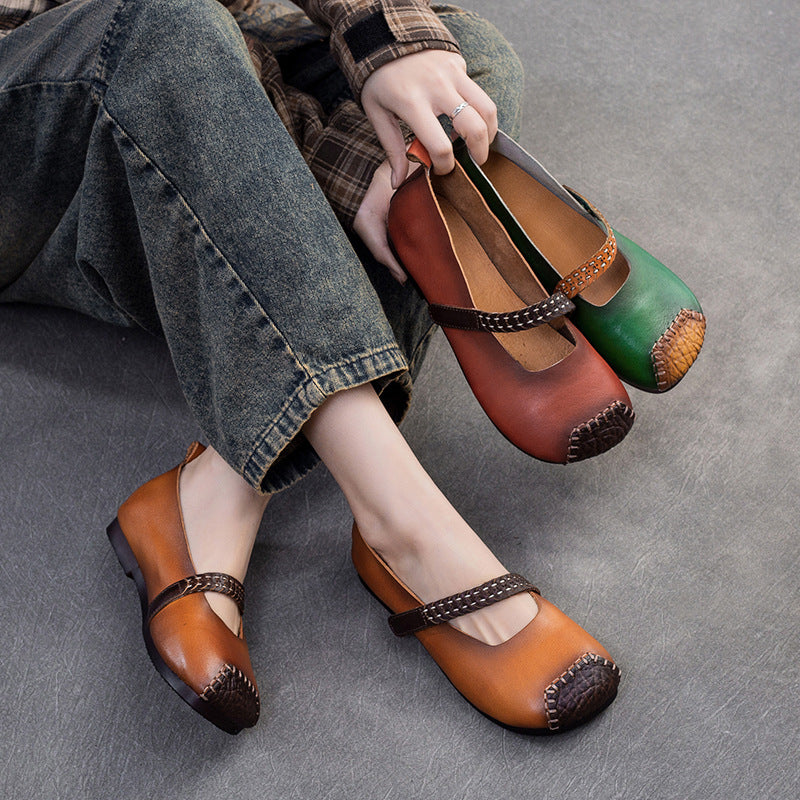 Women Retro Patchwork Leather Casual Flats Shoes-RAIIFY