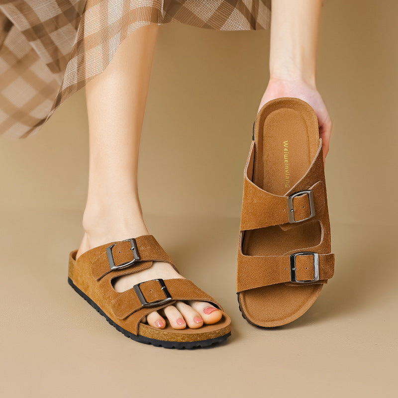 Women Summer Retro Casual Leather Slides Sandals-RAIIFY