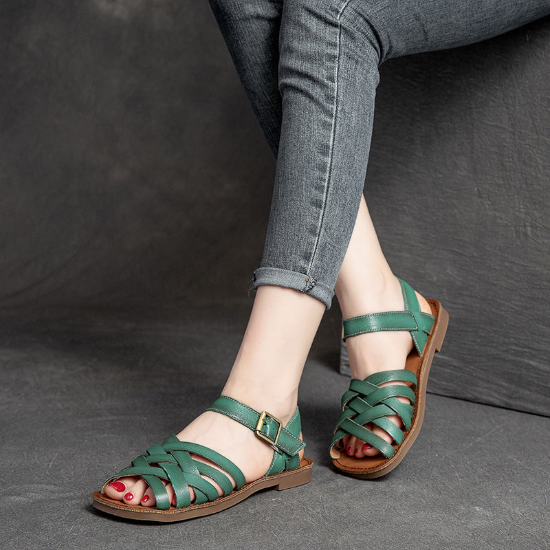 Women Summer Casual Flat Plaited Leather Sandals-RAIIFY
