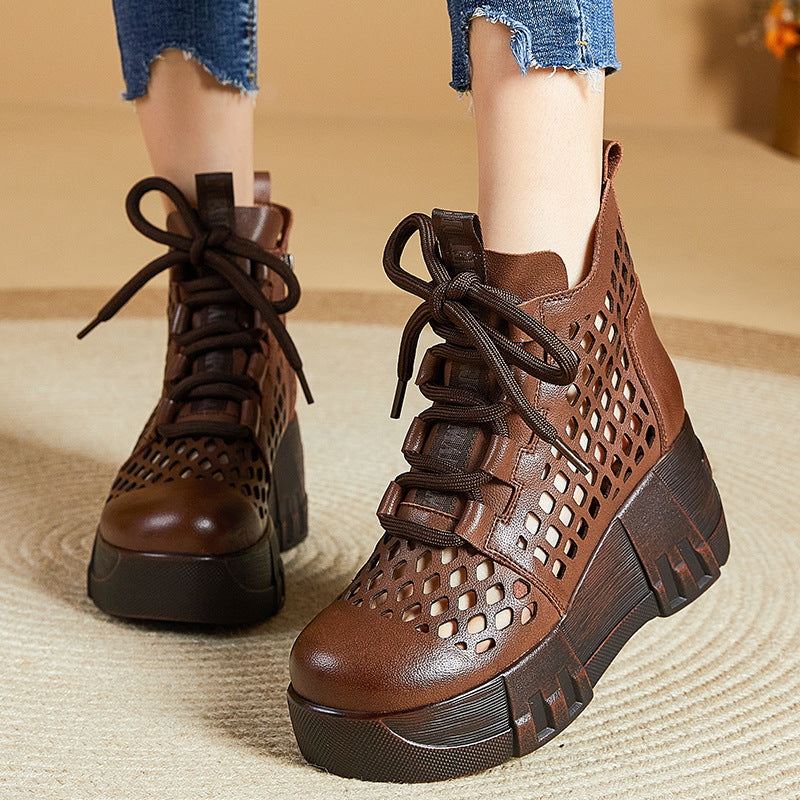 Women Retro Hollow Leather Platform Boots-RAIIFY