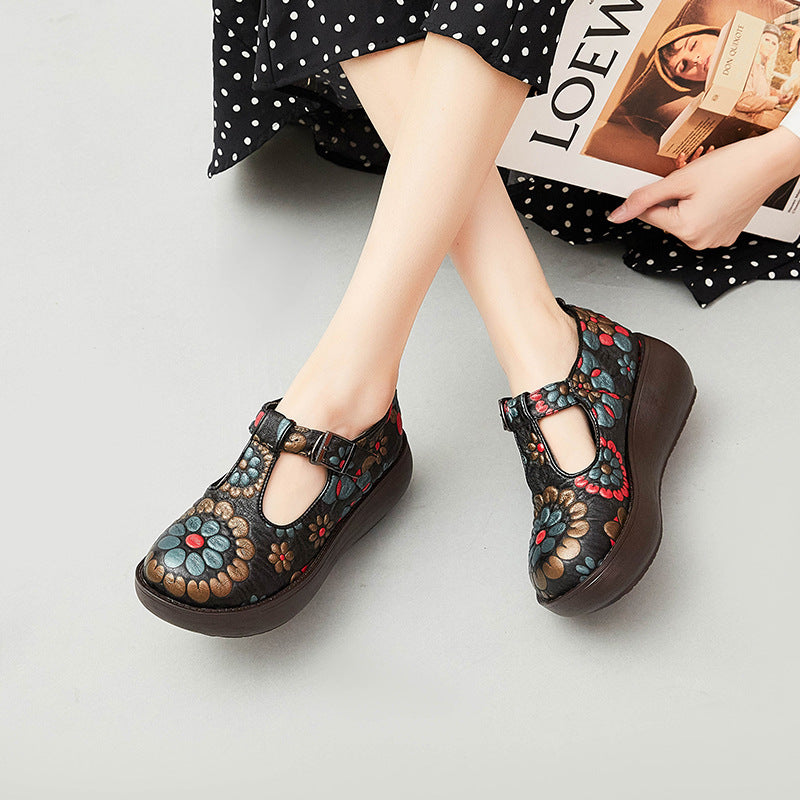 Women Retro Floral Cowhide Casual Shoes-RAIIFY