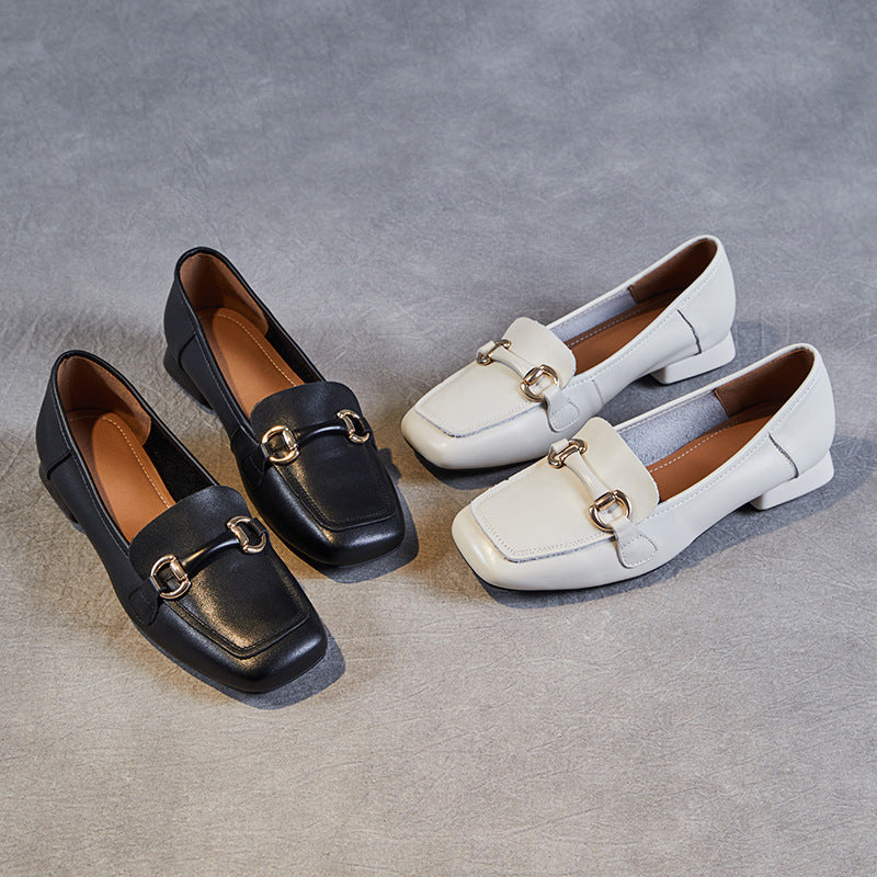 Women Minimalist Buckle Leather Low Block Loafers-RAIIFY