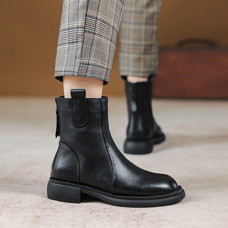 Women Retro Solid Leather Boots-RAIIFY