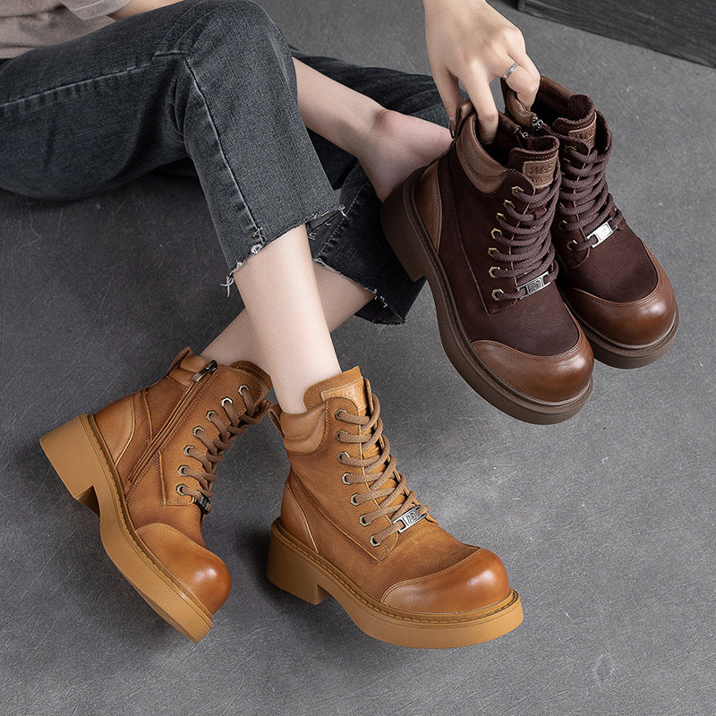 Women Retro Minimalist Patchwork Leather Boots-RAIIFY