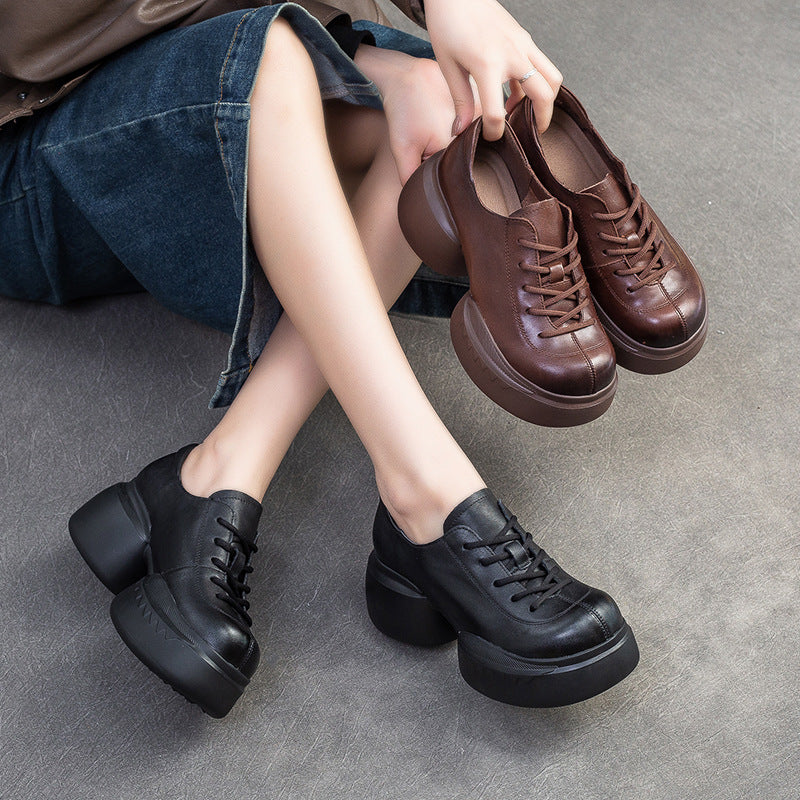 Women Minimalist Solid Leather Chunky Platform Casual Shoes-RAIIFY