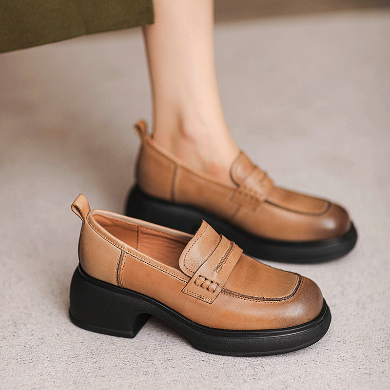 Women Retro Leather Square Head Thick Soled Loafers-RAIIFY