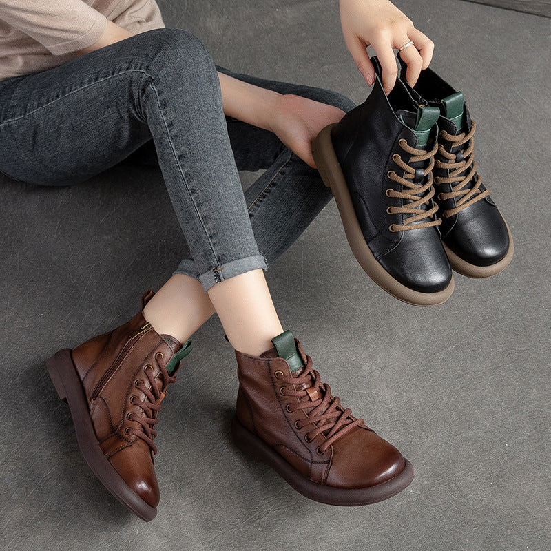 Women Retro Leather Casual Flat Ankle Boots