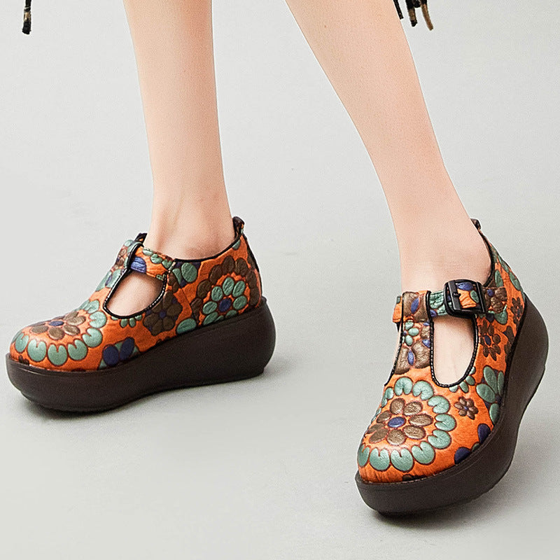 Women Retro Floral Cowhide Casual Shoes-RAIIFY